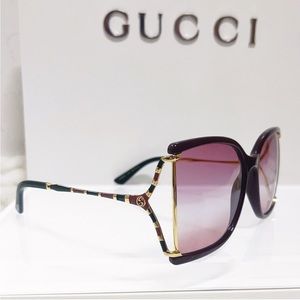 Authentic GUCCI New Burgundy & Gold Square Stripe Snake Sunglasses GG0592S004